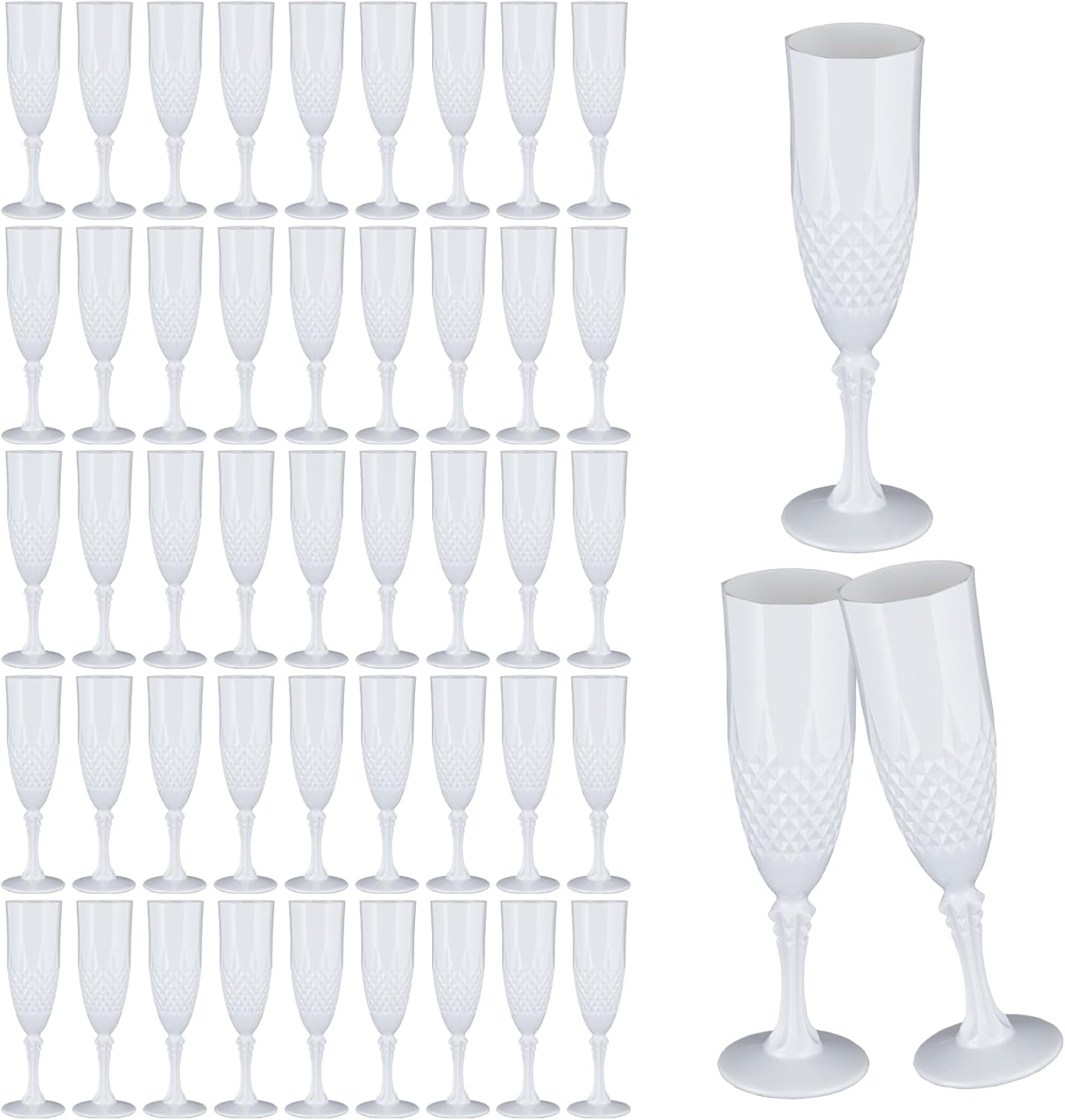 Plastic Champagne Flutes,48PCS White Solid Wine Glasses Goblets Shatterproof Mimosa Bar Reusable Vintage Champagne Flutes Stemmed Drinking Cups for Weddings, Bachelor Parties, Toasting,Cava, Prosecco