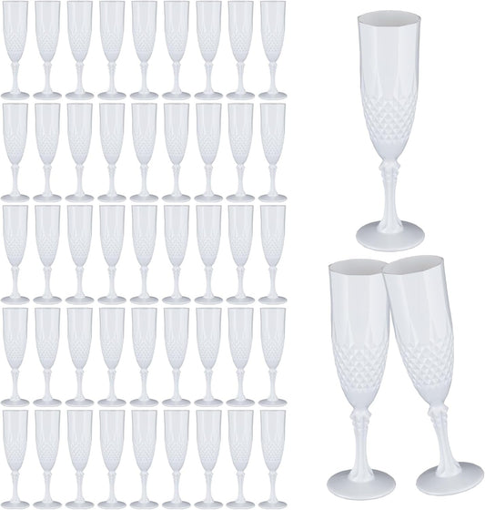 Plastic Champagne Flutes,48PCS White Solid Wine Glasses Goblets Shatterproof Mimosa Bar Reusable Vintage Champagne Flutes Stemmed Drinking Cups for Weddings, Bachelor Parties, Toasting,Cava, Prosecco