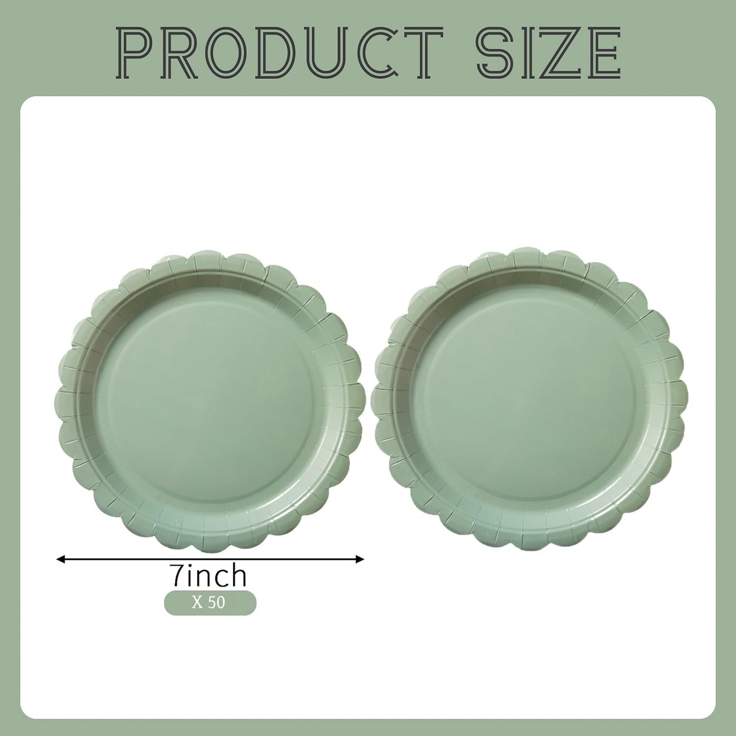 BEFORYOU 50PCS Scalloped Disposable Paper Plates Dessert Cake Party Plates for Baby Shower, Wedding,Bridal Shower Birthday Party Supplies (Sage-Green, 7IN)