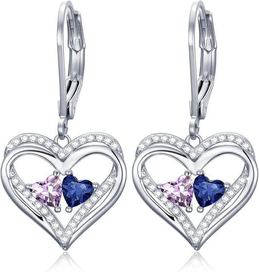 Valentines Day Gifts for Women, Heart Leverback Earrings Double Birthstone Dangle Earrings for Women, Love Jewelry for Her, Anniversary Birthday Gift for Mom Wife Girlfriend