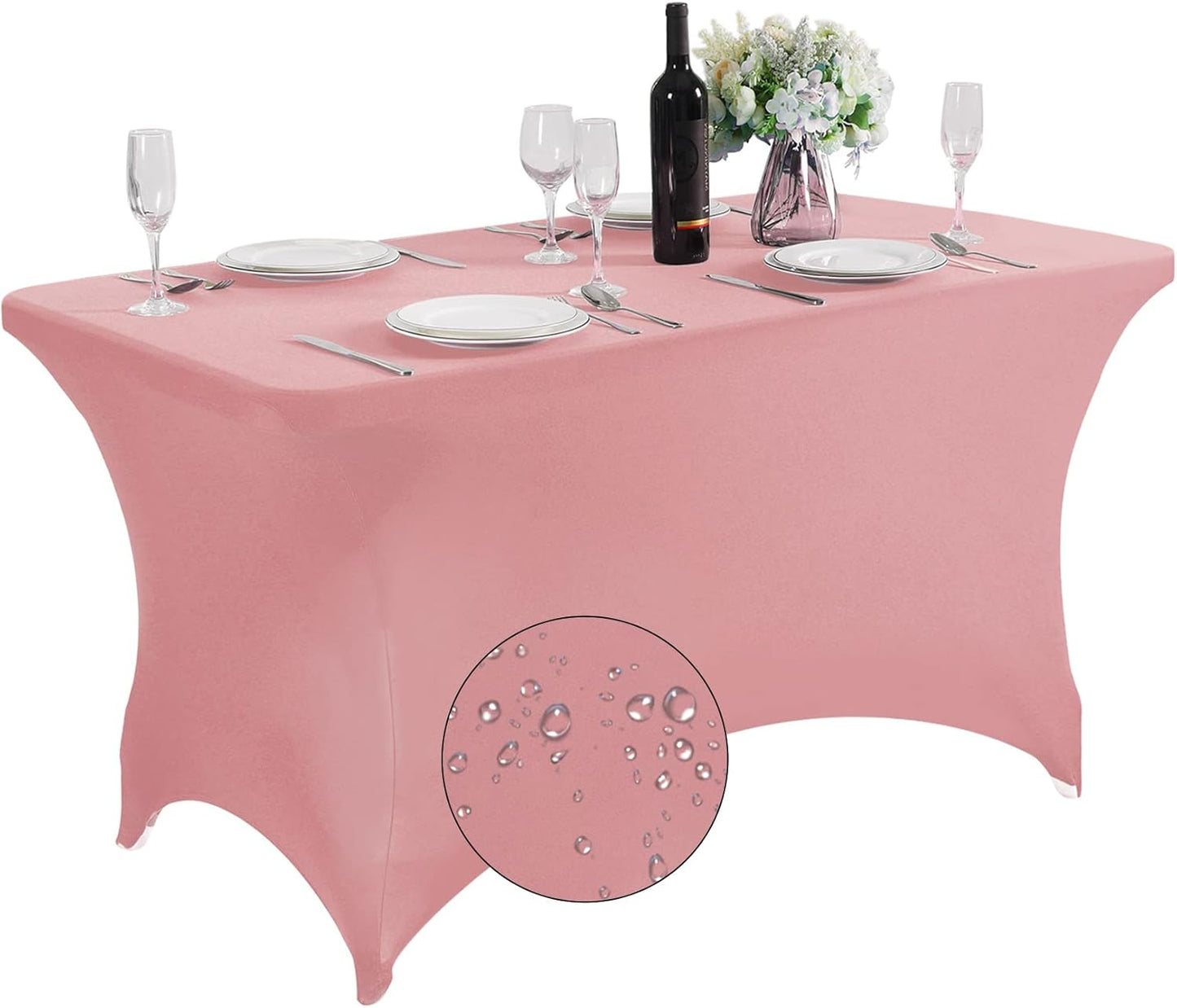 SuperO Waterproof Spandex Table Cover for 4FT Table Universal Fitted Stretch Tablecloth for Party, Banquet, Wedding and Events-Dusty Pink