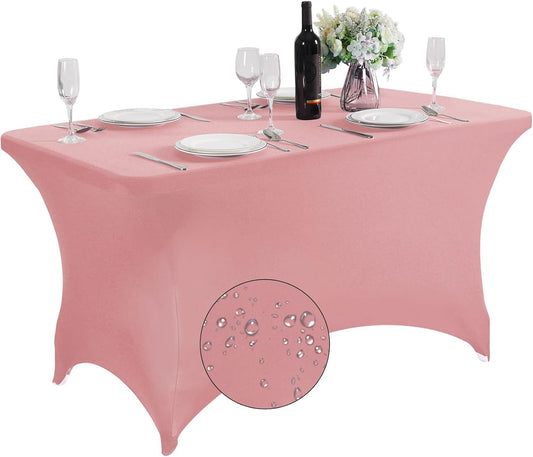 SuperO Waterproof Spandex Table Cover for 4FT Table Universal Fitted Stretch Tablecloth for Party, Banquet, Wedding and Events-Dusty Pink
