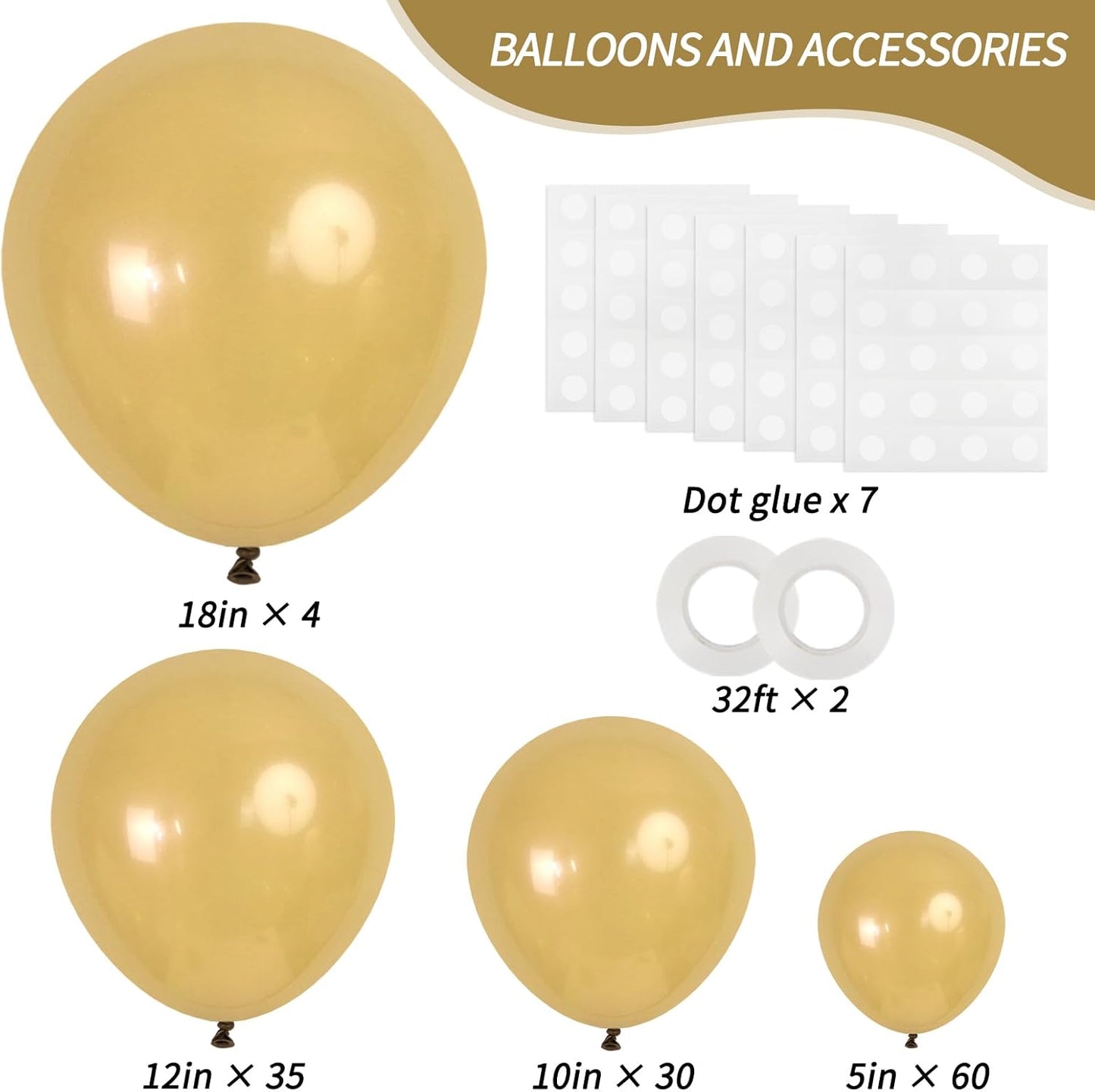 RUBFAC 129pcs Light Brown Balloons Different Sizes 18 12 10 5 Inch Latex Tan Balloon Kit for Birthday Party Baby Shower Wedding Anniversary Decoration