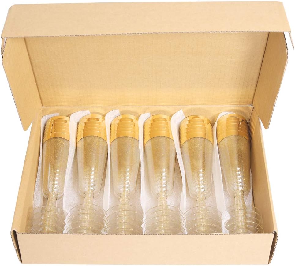 WDF Champagne Flutes, 36 Pack Gold Plastic - Glitter, Disposable Champagne Flutes for Party/Wedding/Thanksgiving, 6oz, BPA Free