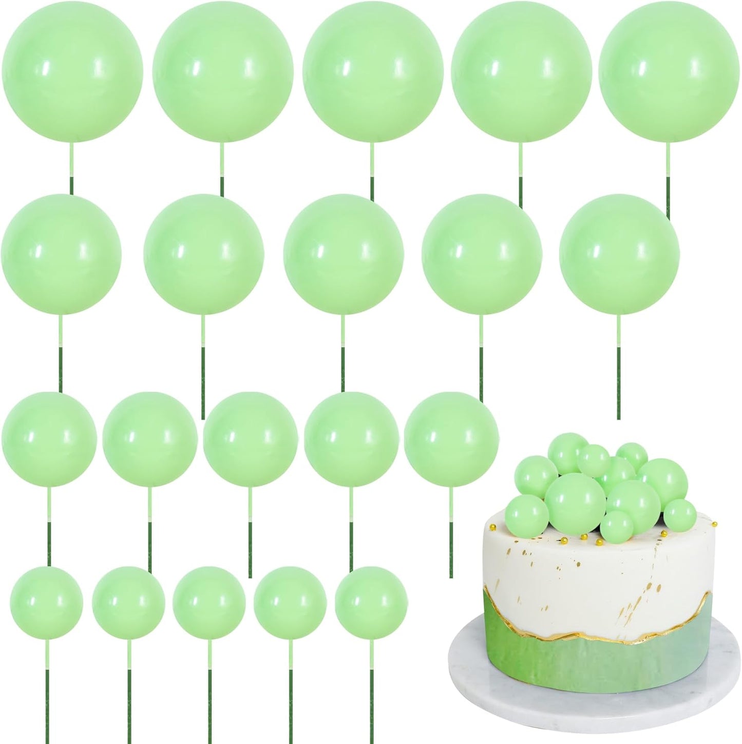 BEISHIDA 20 PCS Light Green Mini Ball Cake Toppers Foam Cake Balls Decoration Supplies for Happy Birthday Anniversary Wedding Baby Shower Cake Decorations