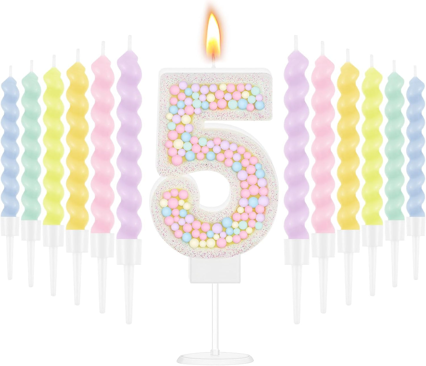 MTLEE Number 5 Birthday Candle with 12 Pcs Spiral Candles for Girls Macaron Pastel Rainbow Unicorn Pink Cake Topper for Sweet Theme Party Decoration