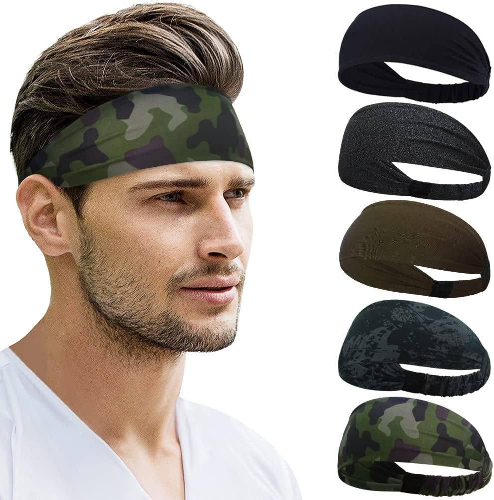 Beister Sports Headbands for Men & Women (5 Pack), Moisture Wicking Sweatbands, Elastic Non Slip Sweat Bands, Athletic Workout Fashion Wide Hair Bands for Running, Cycling, Basketball, Yoga