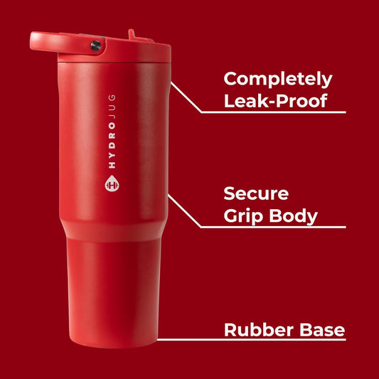 HydroJug Sport - Stainless Steel Tumbler with Straw, Vacuum Insulated, 40oz Leakproof Water Bottle, Ergonomic Design, Reusable, Dishwasher Safe, Rubber Base, Durable for Gym or Outdoors, Alumni Red
