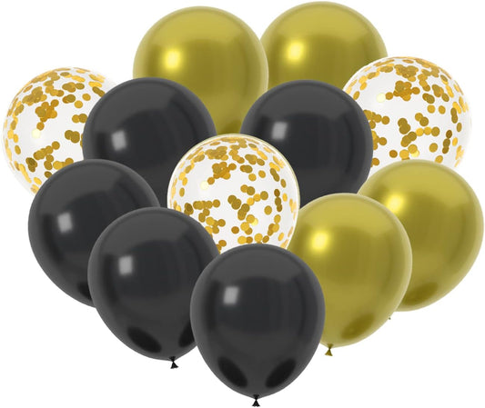 60 Pcs 12 Inch Latex Balloons in Black, Gold And Gold Confetti Perfect for Graduation, Birthday, Baby Shower, New Years, and Wedding Party Balloons Decoration