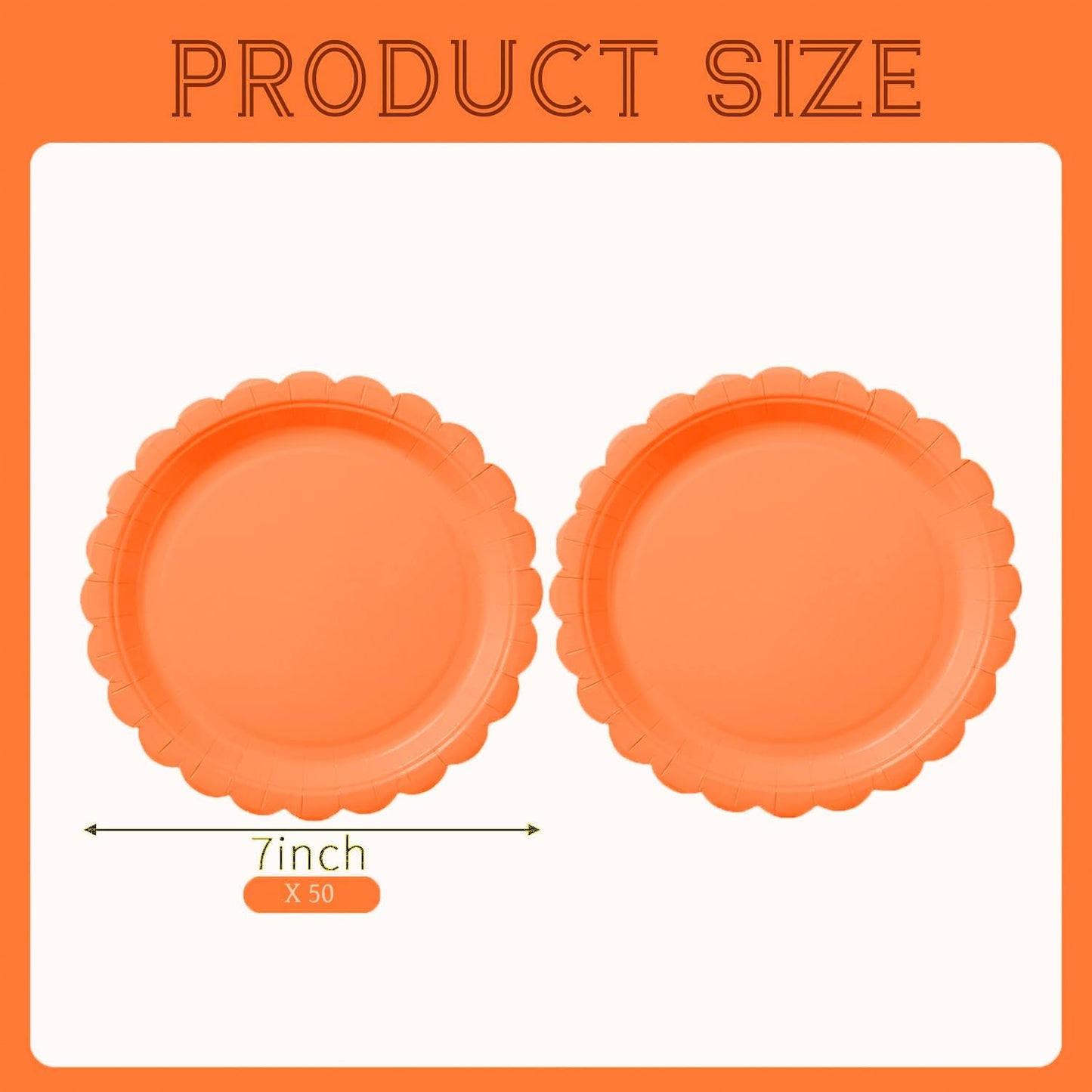 BEFORYOU 50PCS Scalloped Disposable Paper Plates Dessert Cake Party Plates for Baby Shower, Wedding,Bridal Shower Birthday Party Supplies (Orange, 7IN)