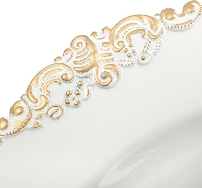 Okllen 12 Pack Plastic Round Charger Plates, 13" Dinner Charger Dessert Plates with Gold Rim, Vintage Charger Serving Plates for Catering, Wedding, Tabletop Decor, White, Floral Trim