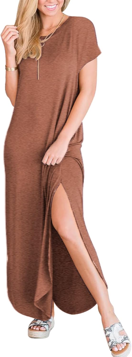 ANRABESS Womens Summer Maxi Dress Short Sleeve Casual Loose Long T Shirt Dresses Split Vacation Beach Sundress Travel Outfits