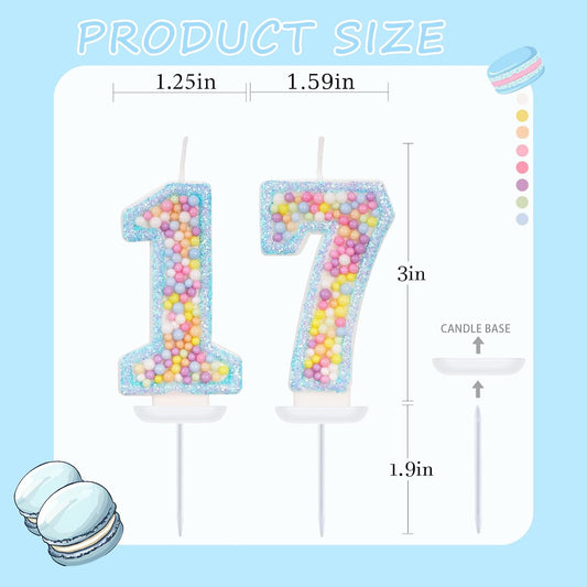 Blue Birthday Candles - Number 17 Candle, Colorful Macaron Candles, 17 Birthday Decorations for Girls Boys, Cake Decorations, Theme Party Supplies (Blue)