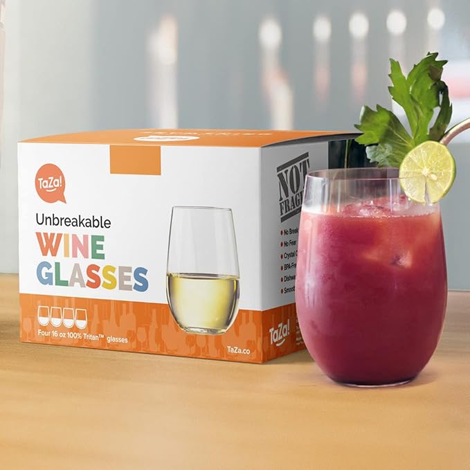 TaZa Outdoor Wine Glasses Stemless, 20oz Set of 4, Unbreakable Tritan Plastic Drinkware, Dishwasher Safe Reusable Glasses, Clear Shatterproof Glassware