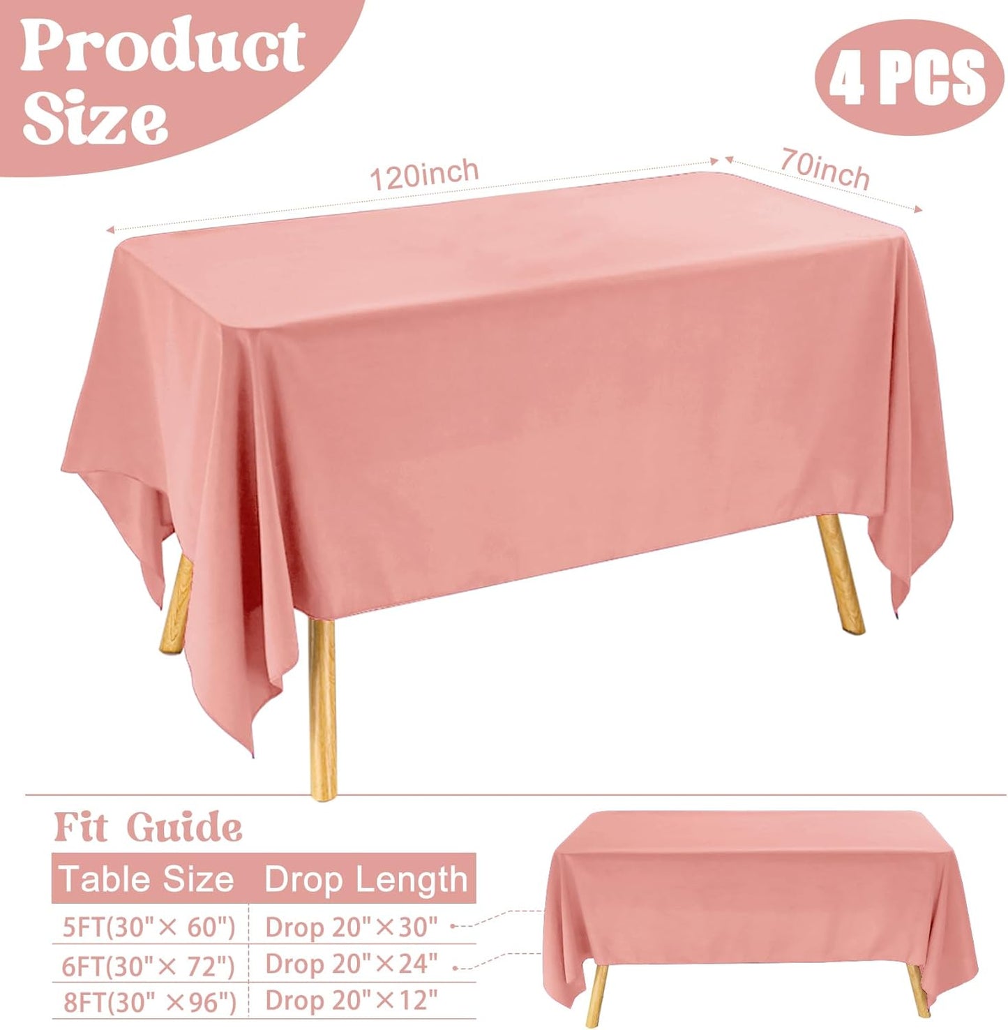 4 Pack Rectangle Tablecloth for 6 Foot Tables Washable Polyester Table Cover for Wedding Dining Table Parties Banquet（70x120 Dusty Rose）