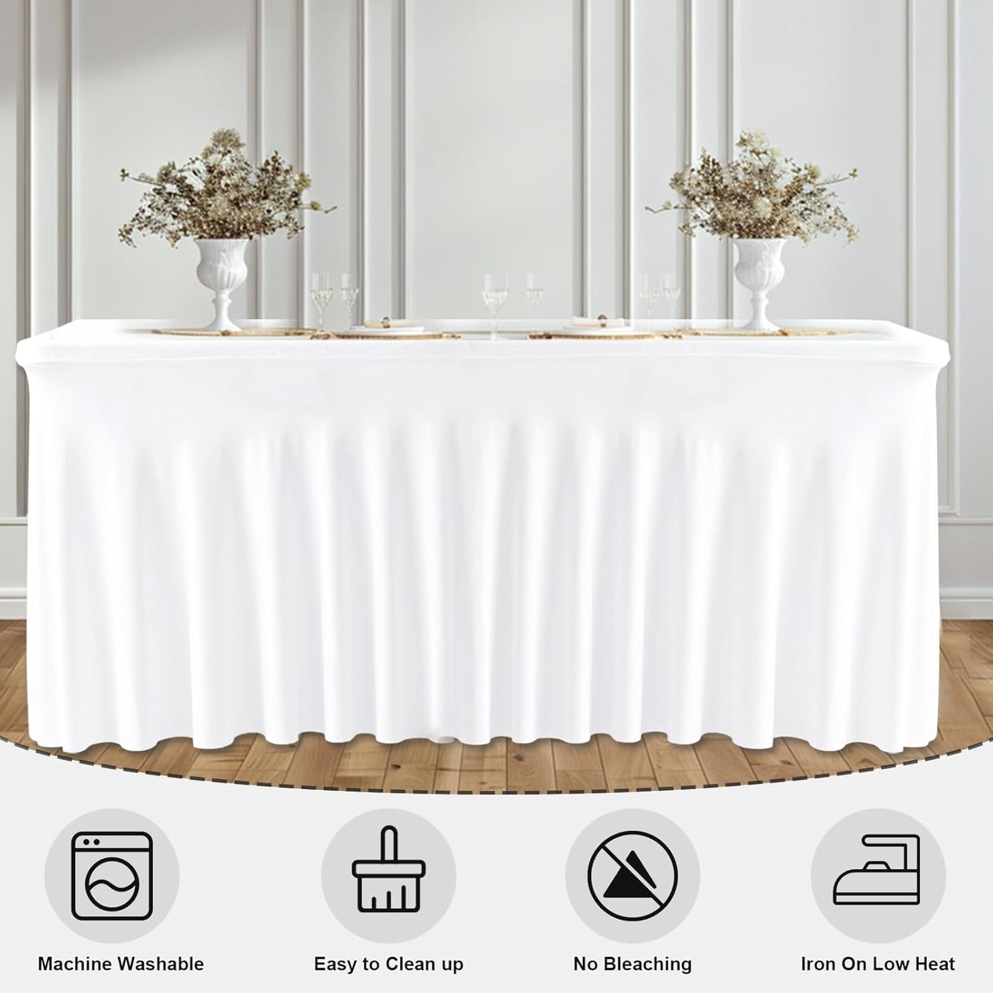 6FT White Rectangle Tablecloth with Elastic Table Skirt – Wrinkle-Free Spandex Stretch Fitted Table Cover for Wedding Birthday Party Banquet Buffet Restaurant Event
