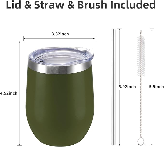 12 oz Insulated Wine Tumbler with Lid and Straw,Stainless Steel Stemless Wine Tumbler Glasses Double Wall Vacuum Wine Cups Tumbler Bulk for Champaign,Cocktail,Office(Navy Green,8)