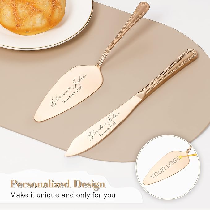 Cake Cutting Set for Wedding, Personalized Wedding Cake Knife and Server Set, Vintage Engraved 2-Piece Pie Pizza Cutter Serving Set, Custom Bridal Anniversary Birthday Quinceañera Gift(Rose Gold)