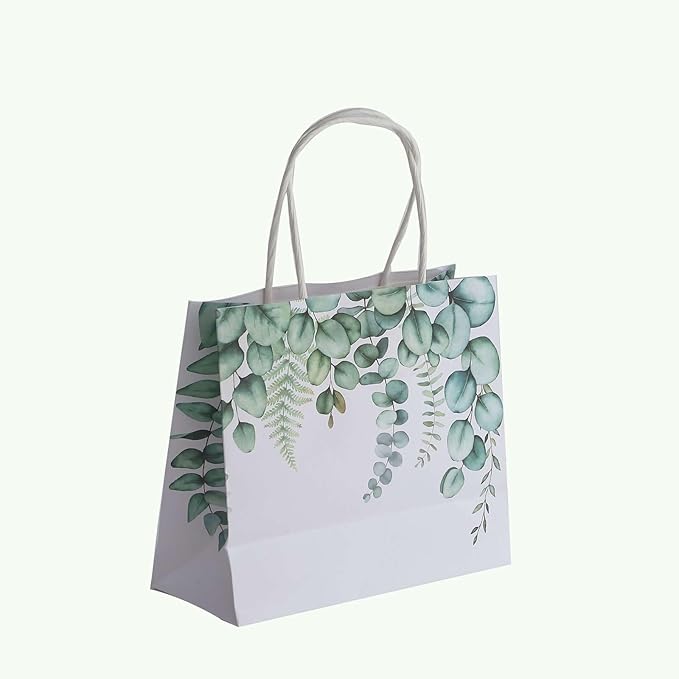 Efavormart 12 Pack 6"x7" Green Eucalyptus Paper Gift Bags with Handles - Botanical Party Favor Goodie Bags for Wedding and Baby Shower