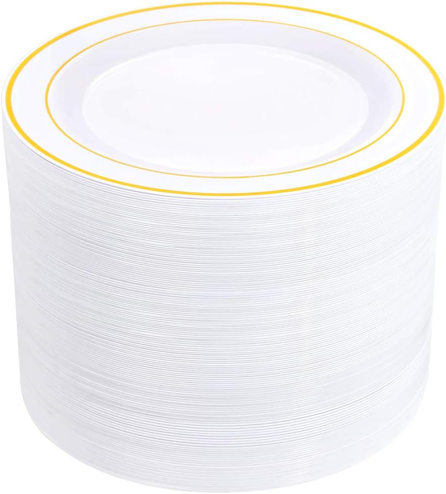 bUCLA 100Pieces Gold Plastic Dinner Plates - 10.25inch White and Gold Plates Disposable for Party - Ideal for Wedding, Thanksgiving & Daily Use