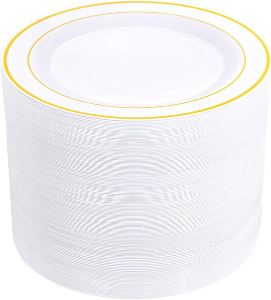 bUCLA 100Pieces Gold Plastic Dinner Plates - 10.25inch White and Gold Plates Disposable for Party - Ideal for Wedding, Thanksgiving & Daily Use