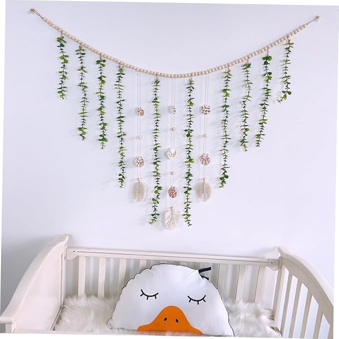 Wooden Bead and Shell Pendant Garland with Simulated Eucalyptus Leaves Lightweight Boho Hanging Decor for Door Window Aesthetic Leaf Vines Plant Decoration for Home and Party