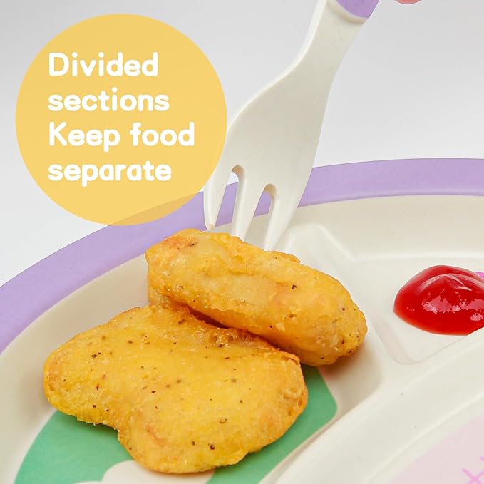 Kids Dinnerware Set, Includes Toddler Plate Bowl Tumbler and Utensils, BPA Free Bamboo Fiber Material Perfect for Little Girls (Purple - Butterfly Theme)