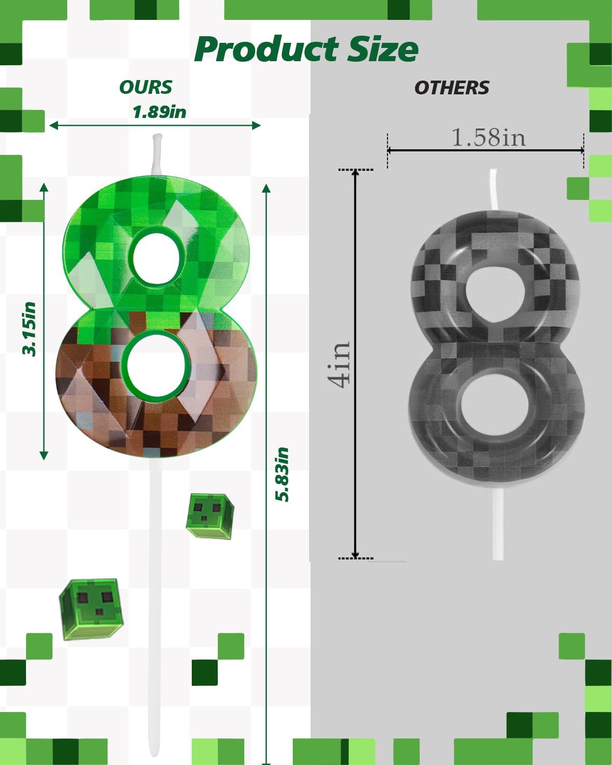 Pixel Birthday Candle, 2.68 Inch Miner Number Candles, Game Themed Candle Birthday Decoration for Pixel Theme Birthday Anniversary Dynamite Video Game Party (Green, 8)