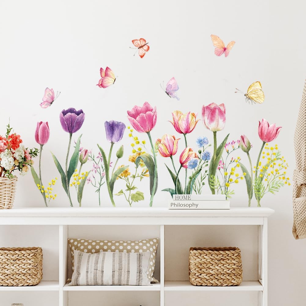 Tulip Flowers Wall Decals Watercolor Floral Butterfly Wall Stickers Colorful Flowers Wall Mural Removable Flower Peel and Stick Wall Art for Girls Bedroom Kids Nursery