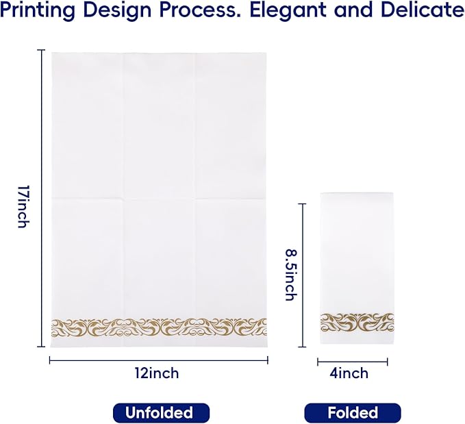 JOLLY CHEF 100 Disposable Hand Towels, Soft and Absorbent Linen Feel Dinner Napkin, Elegant Decorative Paper Guest Towels for Kitchen, Bathroom,Weddings,Parties, Gold and White