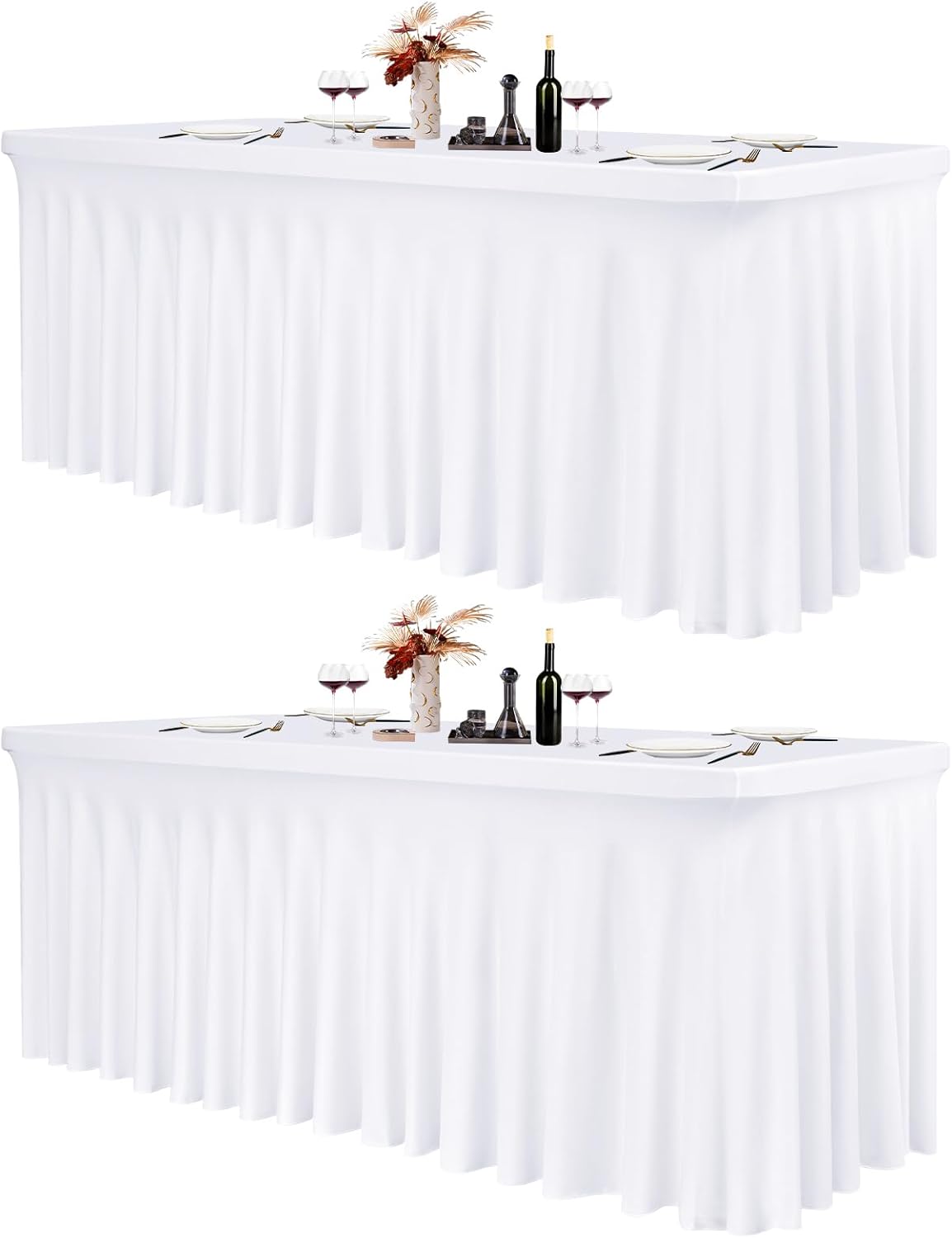 2 Pack 6Ft Spandex Table Skirts Fitted White Stretch Tablecloth, One-Piece Wrinkle-Resistant Ruffles Design Table Cover and Skirt for Wedding Party Banquet Event Trade Show