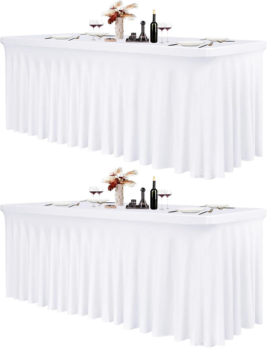 2 Pack 6Ft Spandex Table Skirts Fitted White Stretch Tablecloth, One-Piece Wrinkle-Resistant Ruffles Design Table Cover and Skirt for Wedding Party Banquet Event Trade Show
