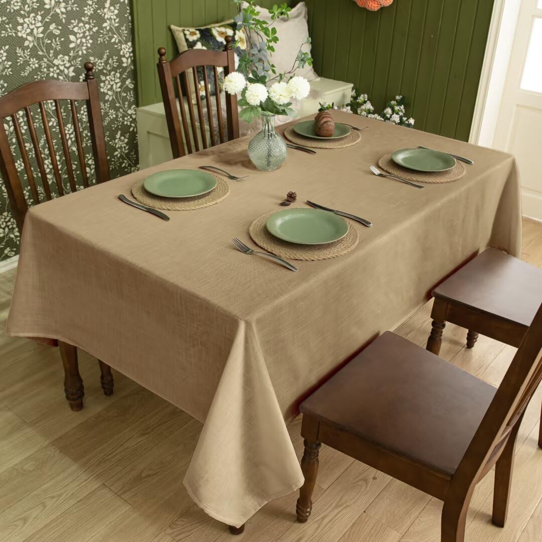Natural Linen Rectangle Tablecloth, Slubby Textured Fall Lightweight Table Cloth 60 x 84 Inch, Water Resistant Stain Resistant Farmhouse Burlap Table Cover for Kitchen Dining Room, Taupe