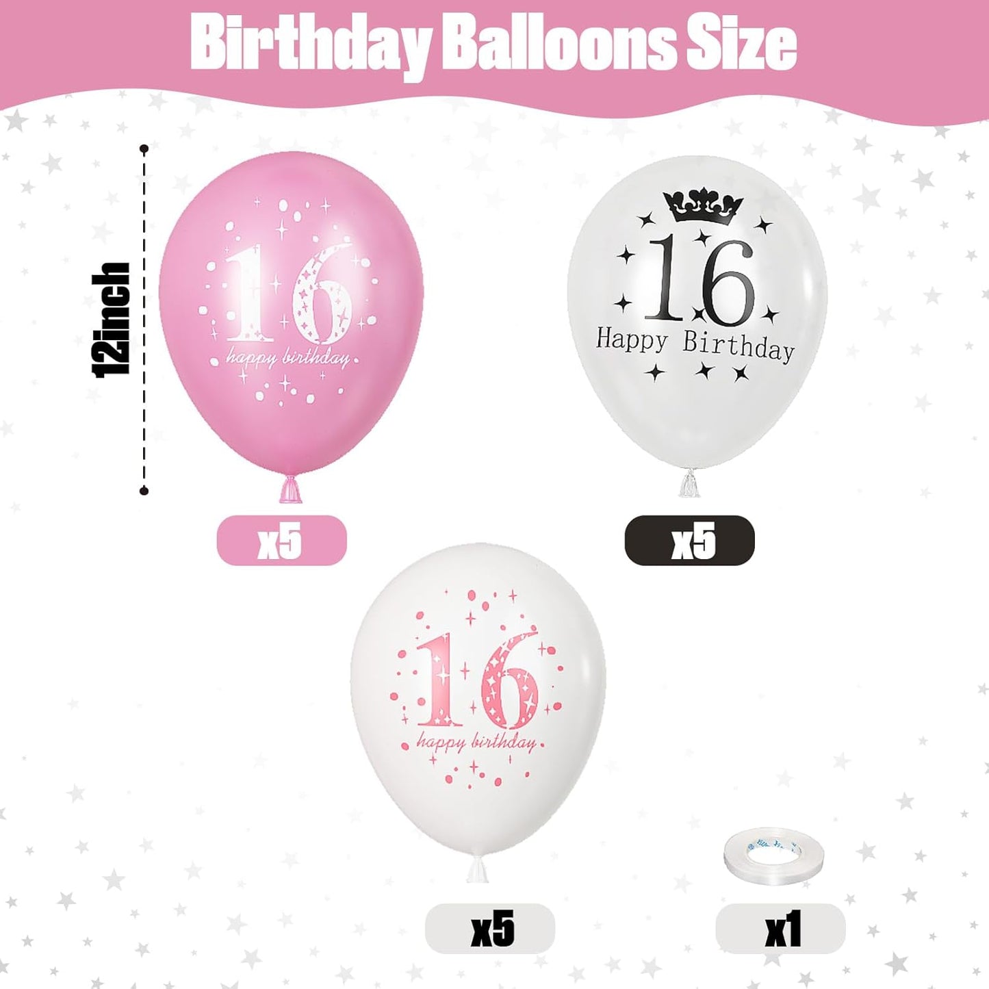 Sweet 16 Birthday Decorations for Girls, Pink White Happy 16th Birthday Party Latex Balloons, 15 Pieces 16th Birthday Decorations for Her Kids Age 16 Year Old Birthday Party Decorations Supplies