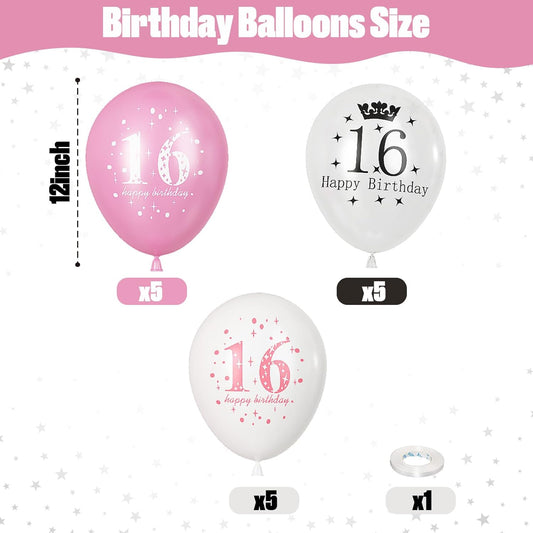 Sweet 16 Birthday Decorations for Girls, Pink White Happy 16th Birthday Party Latex Balloons, 15 Pieces 16th Birthday Decorations for Her Kids Age 16 Year Old Birthday Party Decorations Supplies