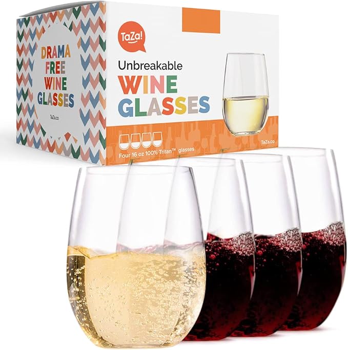 TaZa Outdoor Wine Glasses Stemless, 16oz Set of 4, Unbreakable Tritan Plastic Drinkware, Dishwasher Safe Reusable Glasses, Clear Shatterproof Glassware