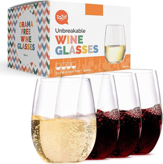 TaZa Outdoor Wine Glasses Stemless, 16oz Set of 4, Unbreakable Tritan Plastic Drinkware, Dishwasher Safe Reusable Glasses, Clear Shatterproof Glassware