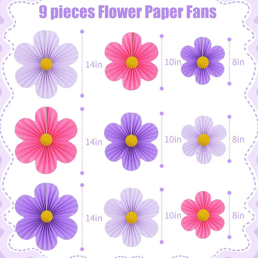 Purple Party Decorations Paper Flowers Decorations for Wall Classroom Paper Fans Floral Backdrop Flower Wall Decor Pack of 9 Pink Purple