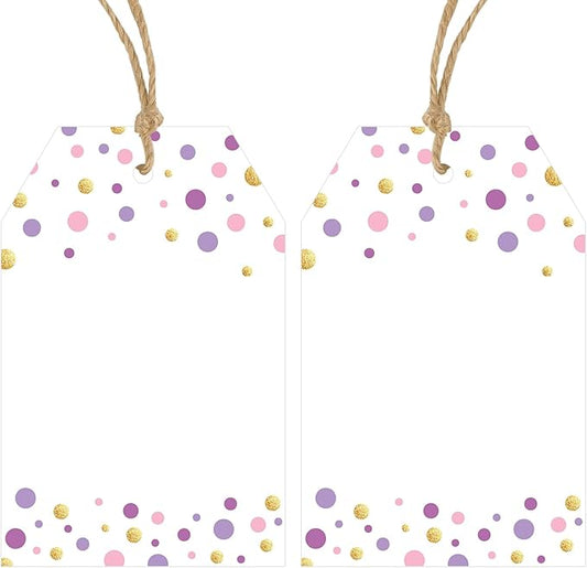 Anwyll Gift Tags with String - 100Pcs Purple Gold Confetti Polka Dot Gift Bag Tags Personalized White Blank Hanging Paper Label Tag for Birthday Party Bridal Shower Wedding Mothers Day Favors Present