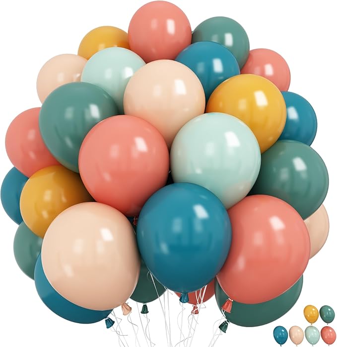 Boho Rainbow Balloons 60 Pcs Retro Teal Blue Blush Pink Dark Light Orange Yellow Sage Green Dusty Blue Balloon Colorful Balloons for Thanksgiving Fall Autumn Baby Shower Decor Safari Birthday
