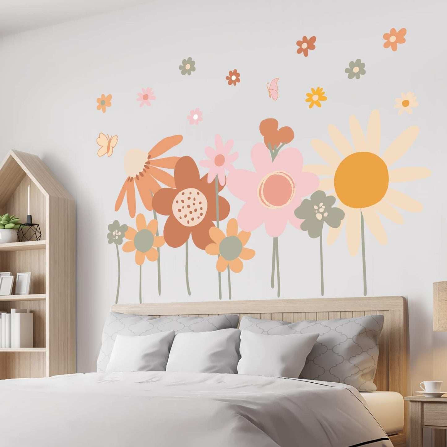 Supzone Colorful Flower Wall Stickers - Boho Retro Vintage Floral Art Decals for Bedroom, Living Room, TV, Office - Large Home Decoration