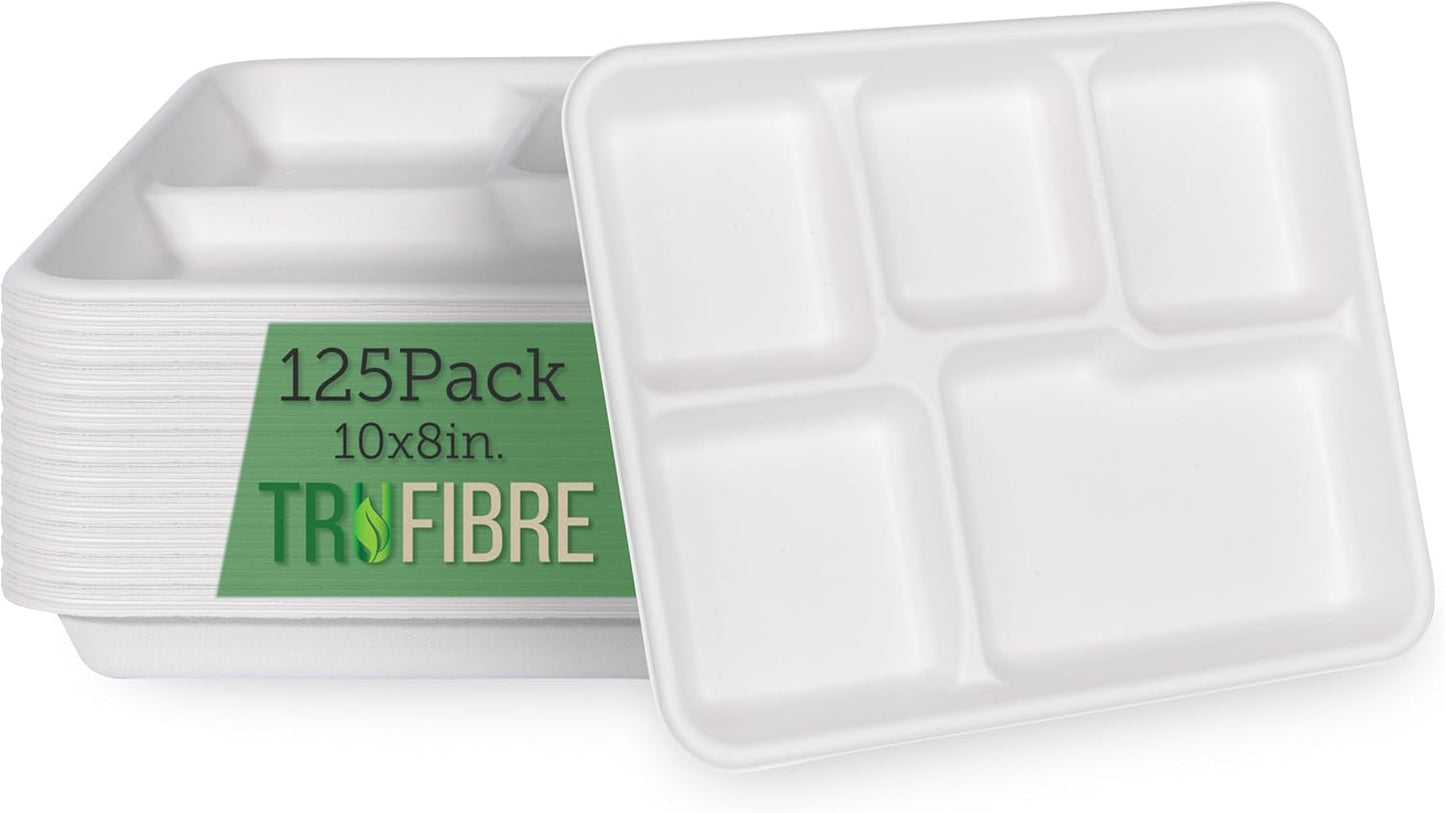 10.35x8.35 125 Pack 5 Compartment Plates, 100% Natural Disposable Biodegradable Plates, Lunch Trays for Cafeteria, Food, Meals, Dinner, Bulk
