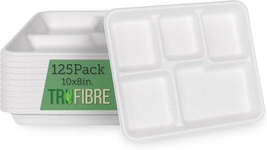 10.35x8.35 125 Pack 5 Compartment Plates, 100% Natural Disposable Biodegradable Plates, Lunch Trays for Cafeteria, Food, Meals, Dinner, Bulk