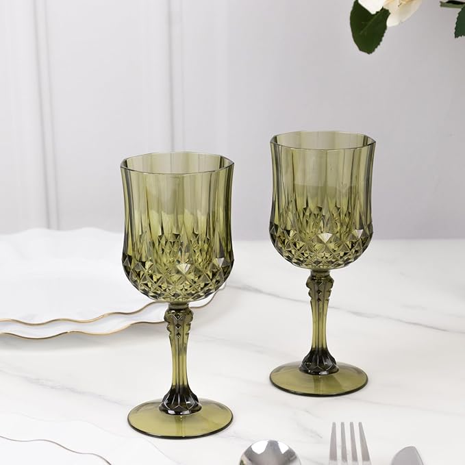 Efavormart 6-Pack Plastic Wine Glasses 8oz, Dusty Sage Green - Crystal Cut Shatterproof Cocktail Goblets Drinking Glasses