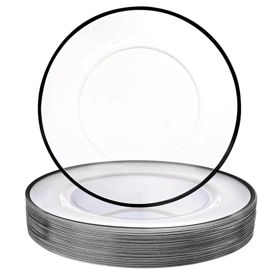 WDF 25 Pack Black Charger Plates - Clear Charges with Black Trim - 12inch Disposable Chargers Plates for Graduation Wedding Party Birthday Dinner