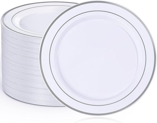 100PCS White Plastic Plates, 10 Inch Disposable Dinner Plate Party with Silver Rim, Heavy Duty Disposable Plastic Plates for Party, Wedding and Birthday