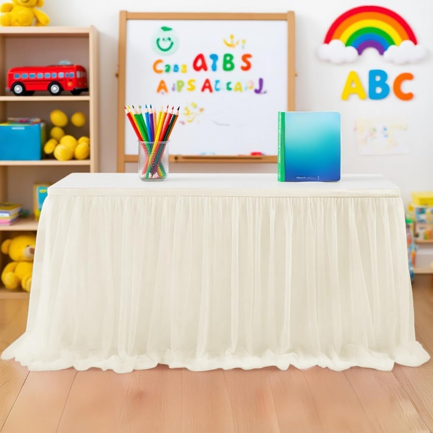 9FT Tulle Table Skirt for Teacher Desk Rectangular Ruffle Table Back to School Supplies for Kindergarten Preschool Middle School Classroom Decor, Beige