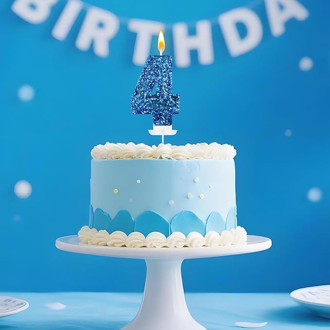 Zailo Birthday Number Candles, Glitter Number Candle Cake Decorations with Sequins, Cupcake Decorations for Girls, Women, Party Anniversary Celebrations (Number 4, Blue)