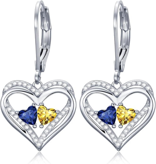 Valentines Day Gifts for Women, Heart Leverback Earrings Double Birthstone Dangle Earrings for Women, Love Jewelry for Her, Anniversary Birthday Gift for Mom Wife Girlfriend