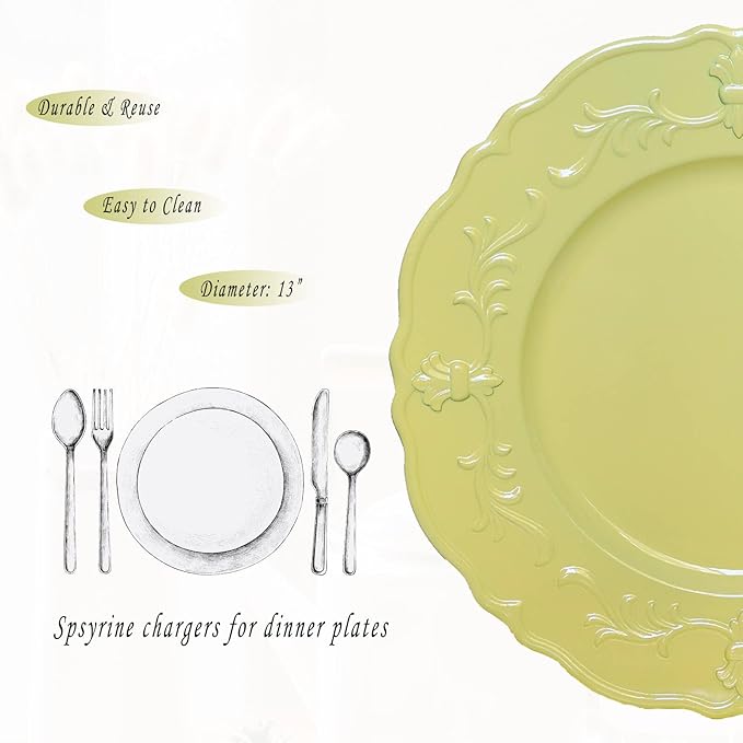 Spsyrine Light Yellow Charger Plate, 13" Embossed Plastic Table Plate Chargers for Dinner, Set of 6 Elegant Decorations for Wedding, Dining, Party Events.